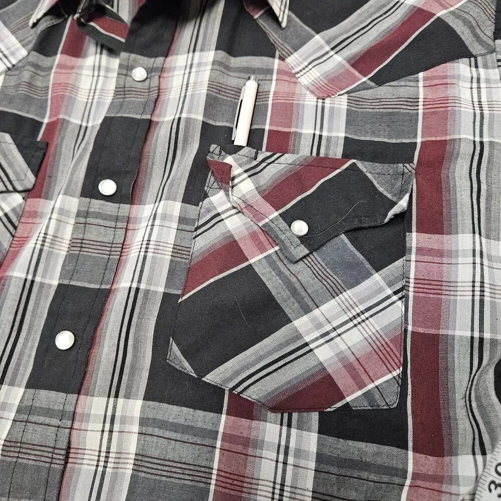 Ely Cattleman Vintage Pearl Snap Western Shirt Plaid Black Red Men's Medium